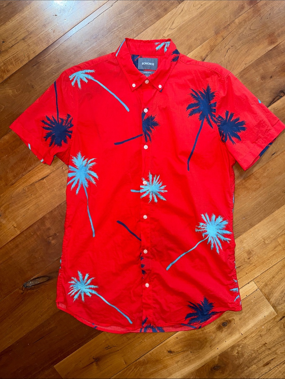 Bonobos Riviera Short Sleeve Shirt – Long L – Red Palm Tree View – Tailored Fit